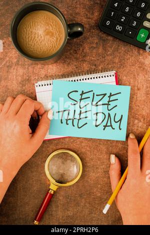 Schild mit der Aufschrift „Seize the Day“. Geschäftsansatz Gelegenheiten annehmen Motivation Inspiration Optimismus zirkuläre Denkblasen repräsentieren Botschaften in sozialen Medien. Stockfoto