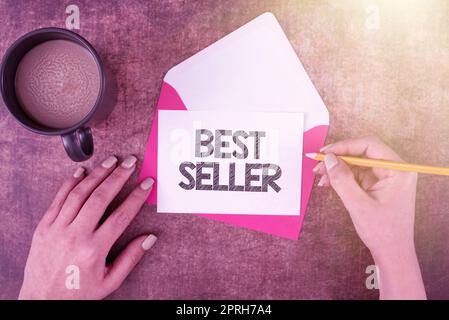 Schild mit dem Titel „Best Seller“, „Word for Book“ oder einem anderen Produkt, das in sehr großen Stückzahlen verkauft wird Stockfoto