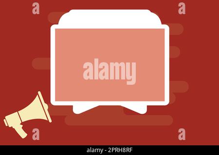 Flaches Design business Vector Illustration Konzept leere Raum modernen abstrakten Hintergrund geometrische Element. Megafon und leerer Bildschirm Tablet Hori Stockfoto