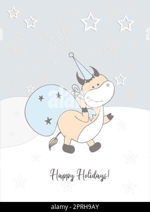 Neujahrskarte von 2021. Eine Welle oder ein Bulle. Winter handgezeichnete Karte. Frohe Feiertage Stockfoto