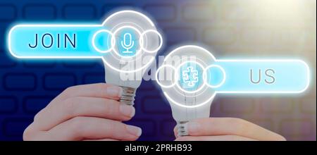Inspiration showing sign Join US, Internet concept Registrieren Sie sich in der Community Team oder Blog Melden Sie sich bei Social Media an Stockfoto