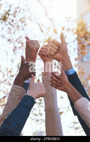 Ausgezeichnet. Eine Gruppe von Händen zeigt Daumen nach oben. Stockfoto