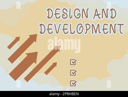Text mit Inspiration Design und Entwicklung, Internet-Konzept zur Definition der Spezifikation von Produkten und Dienstleistungen Stockfoto