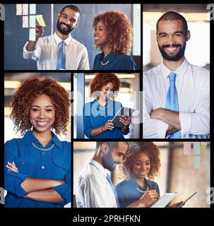 Junge Geschäftsleute. Zusammengesetztes Bild junger Geschäftsleute im Büro. Stockfoto