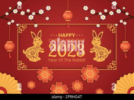Chinesisches Mondneujahr 2023 Tag des Kaninchens Sternzeichen-Vorlage Handgezeichnete Cartoon flache Illustration mit Blume, Laterne und rotem Farbhintergrund Stockfoto