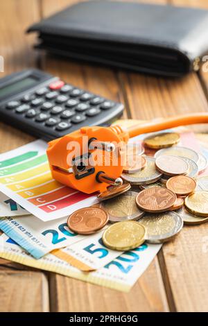 Elektrostecker, Euro-Geld- und Energieetikett auf Holztisch. Konzept steigender Strompreise. Stockfoto