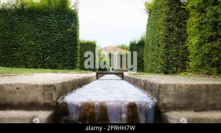 Wasserfall über einer Steintreppe. Ein Bach, der durch einen Park fließt. Wassertropfen Stockfoto