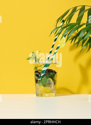 Transparentes Glas mit Limonade, Minzblättern, Zitronenscheiben und Brombeeren in der Mitte Stockfoto