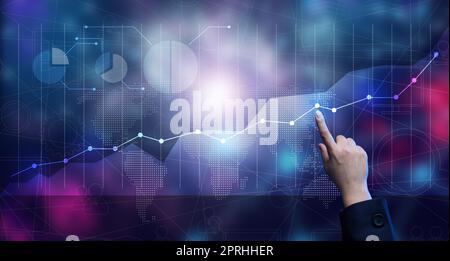 Holographisches Diagramm mit steigenden Raten und Indikatoren. Konzept für Geschäftswachstum, hohe Rentabilität Stockfoto
