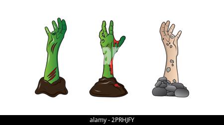 3 Stück gruselige Zombie-Hände krabbeln auf weißem Hintergrund aus dem Boden, Halloween-Urlaub - Vektor-Illustration Stockfoto