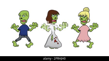3 Stück gruselige Zombies auf weißem Hintergrund, Halloween-Urlaub - Vektor-Illustration Stockfoto