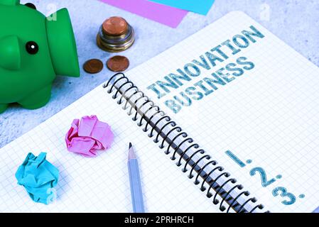 Schreiben Anzeige Text Innovation Business. Wort geschrieben auf Einführung neuer Ideen Workflows Methodology Services Stockfoto