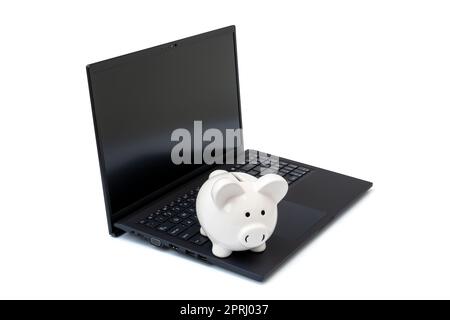 Piggy Bank mit Laptop, was bedeutet, online Geld zu verdienen oder Geschäftskonzepte im Internet zu nutzen. Stockfoto