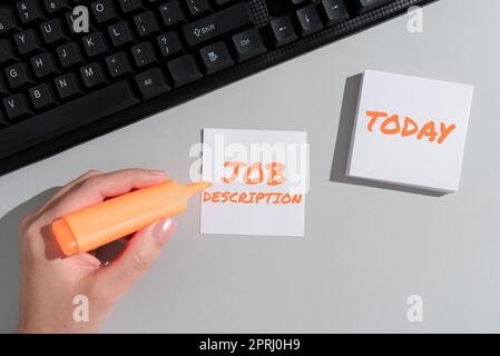 Inspiration mit Vorführung der Stellenbeschreibung ein Dokument, in dem die Verantwortlichkeiten einer Position beschrieben werden. Geschäftskonzept Ein Dokument, das die Verantwortlichkeiten einer Position beschreibt Stockfoto