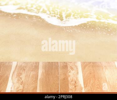 Holztischplatte auf verschwommenem Strandhintergrund, Sommerkonzept Stockfoto
