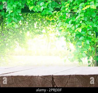 Leere Holzdiele Tischplatte mit grüner Natur hinterlässt Hintergrund und verschwommenes Licht Stockfoto