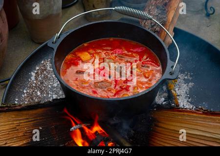 Über einem offenen Feuer wird Wassergulasch zubereitet! Stockfoto