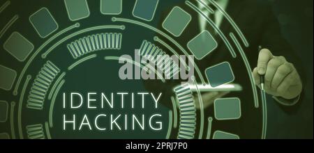 Schild mit Identitäts-Hackingkriminellen, die Ihre persönlichen Daten mit Malware stehlen. Unternehmensüberblick Kriminelle, die Ihre persönlichen Daten mit Malware stehlen Stockfoto