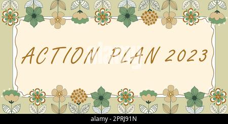 Die konzeptionelle Überschrift Aktionsplan 2023to enthält eine Liste der Dinge, die im nächsten Jahr erledigt werden müssen. Das Wort auf der To-do-Liste enthält eine Reihe von Dingen, die nächstes Jahr erledigt werden müssen Stockfoto