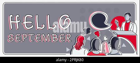 Schreiben mit Text Hallo SeptemberEagerly Want a warm Welcome to the month of September. Geschäftsübersicht Ich möchte gerne im September herzlich willkommen heißen Stockfoto