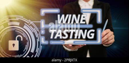 Text zeigt Inspiration Wine Tasting, Business Idea Degustation Alcohol Social Gathering Gourmet Weingut Trinken Stockfoto