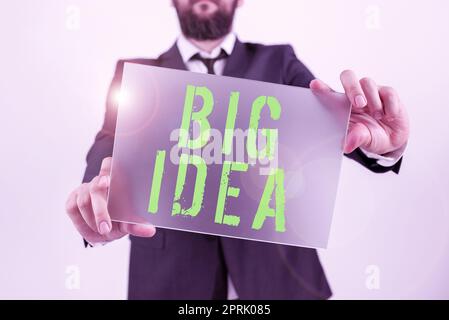 Text zeigt Inspiration große Idee, Geschäftsidee mit großer kreativer Innovationslösung oder Denkweise Stockfoto