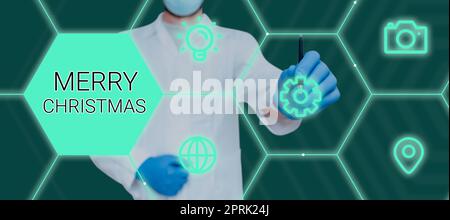 Text Frohe Weihnachten, Wort für die jährliche Tradition, um die Geburt Jesu Christi zu feiern Stockfoto