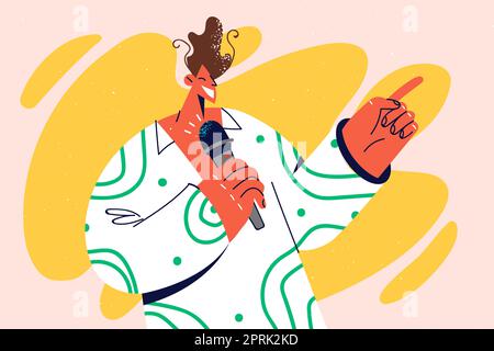 Ein lächelnder Mann, der mit dem Mikrofon eine Präsentation hält Stock Vektor