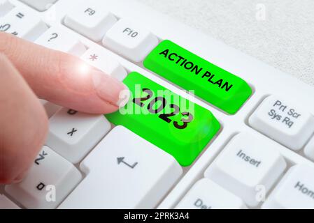 Konzeptunterschrift Aktionsplan 2023, Liste der zu befolgenden Geschäftskonzepte enthält eine Reihe von Maßnahmen, die im nächsten Jahr erledigt werden sollen Stockfoto