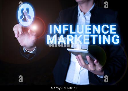 Textunterschrift mit Darstellung von Beeinflussung Marketing, Geschäftsidee Form des Social-Media-Handels mit Empfehlungen Stockfoto