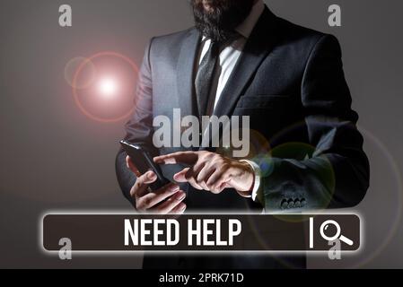 Textunterschrift mit „Hilfe erforderlich“, „konzeptionelles Foto“, wenn jemand unter Druck steht und die Situation nicht bewältigen kann Stockfoto