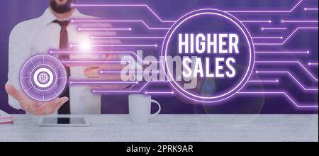 Konzeptionelle Darstellung höherer Umsatz, Konzept bedeutet, dass die durchschnittlich verkauften Produkte und Dienstleistungen eines Unternehmens gewachsen sind Stockfoto