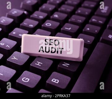 Handschriftenschild Seo Audit, Word für Suchmaschinen-Optimierung Validieren und Verifizieren Prozess Stockfoto