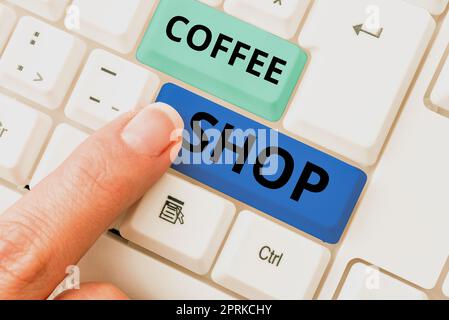 Handgeschriebener Text Coffee Shop, ein Wort auf einem Restaurant, das hauptsächlich Kaffee serviert, und leichte Mahlzeiten Stockfoto