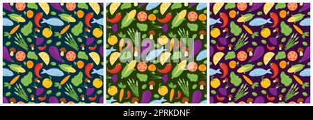 Set aus Vegetarisch, Obst oder Gemüse Nahtloses Musterdesign mit frischen, organischen und natürlichen Lebensmitteln in Hand gezeichnet flache Cartoon Hintergrund Illustration Stockfoto