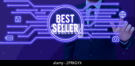 Schild mit der Aufschrift „Bestseller, Internet Concept“ (Bestseller, Internetkonzept), einem in großen Mengen produzierten gut mit hohem Kaufaufkommen Stockfoto