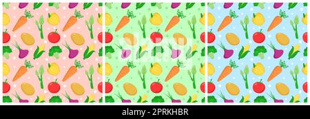 Set aus Vegetarisch, Obst oder Gemüse Nahtloses Musterdesign mit frischen, organischen und natürlichen Lebensmitteln in Hand gezeichnet flache Cartoon Hintergrund Illustration Stockfoto
