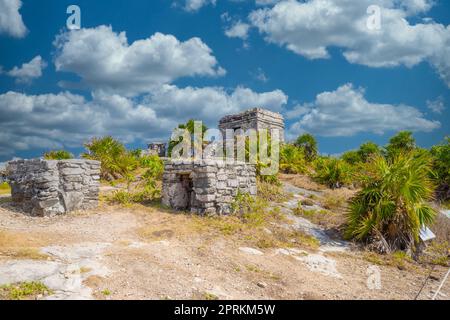 Struktur 45, Offertorien auf dem Hügel in Strandnähe, Maya-Ruinen in Tulum, Riviera Maya, Yucatan, Karibisches Meer, Mexiko. Stockfoto