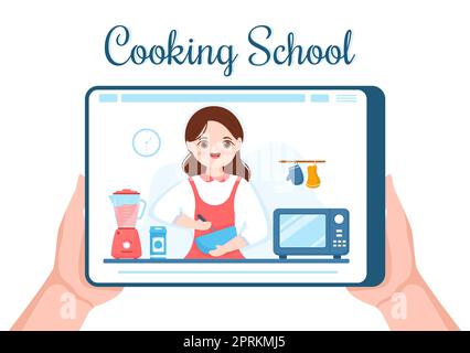 Live Streaming Online Kochen mit dem Koch in der Klasse Lernen Sie selbst zubereitetes Essen und verschiedene Gerichte in flacher Cartoon Hand Drawn Template Illustration Stockfoto