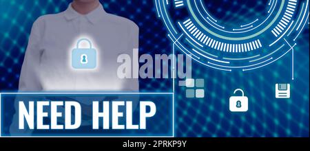 Textunterschrift mit „Hilfe erforderlich“, „Schaufenster für Unternehmen“, wenn jemand unter Druck steht und die Situation nicht bewältigen kann Stockfoto