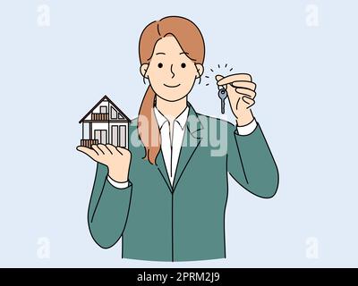Lächelnder makler hält Hausminiatur und Schlüssel Stock Vektor