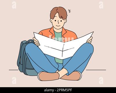 Mann mit Rucksack liest Papierkarte Stock Vektor