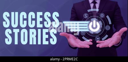 Konzeptunterschrift Success Stories, Business Showcase eine Chronik, die großen Erfolg zeigt, den eine Geschäftsfrau mit Glühbirnen erzielt hat Stockfoto
