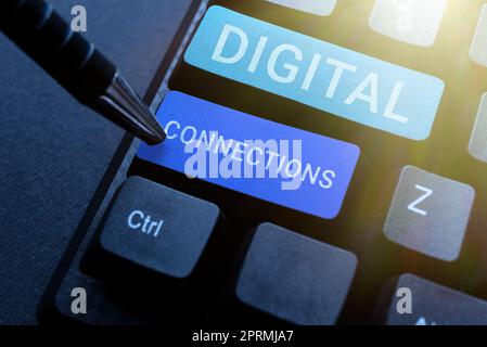 Textunterschrift, die digitale Verbindungen, Internet-Konzept virtuelles Netzwerk, das den Benutzer mit seinen Kontakten verbindet Computer Tastatur und Symbol.Informa Stockfoto