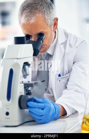 HES ein erfahrener Mikrobiologe. Ein wissenschaftlicher Forscher bei der Arbeit an einem Mikroskop in einem Labor. Stockfoto