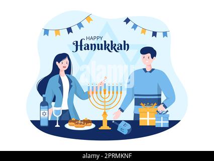 Happy Hanukkah Jewish Holiday Template Handgezeichnete Cartoon flache Illustration mit Menorah, Sufganiyot, Dreidel und traditionellen Symbolen Stockfoto