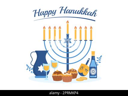 Happy Hanukkah Jewish Holiday Template Handgezeichnete Cartoon flache Illustration mit Menorah, Sufganiyot, Dreidel und traditionellen Symbolen Stockfoto