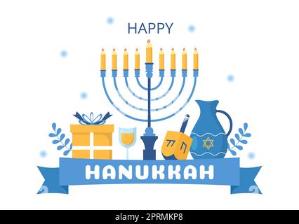 Happy Hanukkah Jewish Holiday Template Handgezeichnete Cartoon flache Illustration mit Menorah, Sufganiyot, Dreidel und traditionellen Symbolen Stockfoto