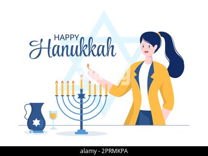 Happy Hanukkah Jewish Holiday Template Handgezeichnete Cartoon flache Illustration mit Menorah, Sufganiyot, Dreidel und traditionellen Symbolen Stockfoto