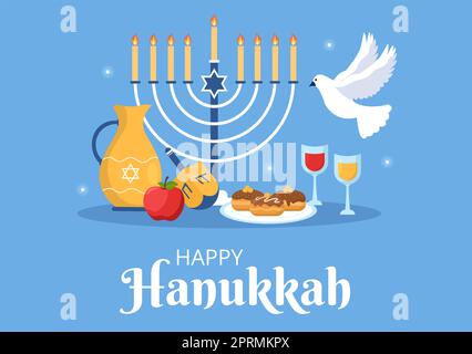 Happy Hanukkah Jewish Holiday Template Handgezeichnete Cartoon flache Illustration mit Menorah, Sufganiyot, Dreidel und traditionellen Symbolen Stockfoto